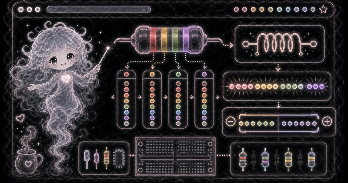 Resistor Calculator artwork matches the live workflow: choose digit, multiplier, and tolerance bands, then read ohms plus minimum and maximum tolerance values. Illustration for Resistor Calculator showing 4-band resistor colors decoded into ohms, tolerance, minimum, and maximum values.