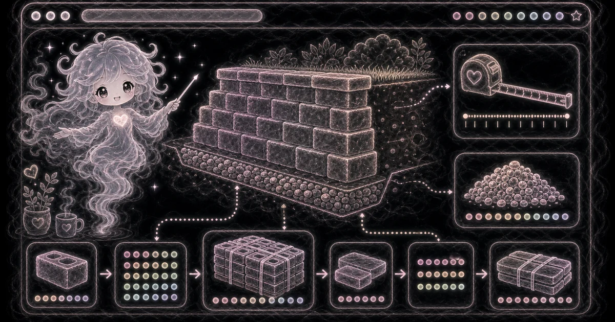 Retaining Wall Calculator artwork matches the live workflow: enter wall size, block size, cap length, base trench size, and waste to estimate blocks, caps, courses, and base gravel. Smoke mascot measuring a 40 ft by 3 ft segmental retaining wall with 16 by 6 inch blocks, cap blocks, base gravel, and a 189 block result card.