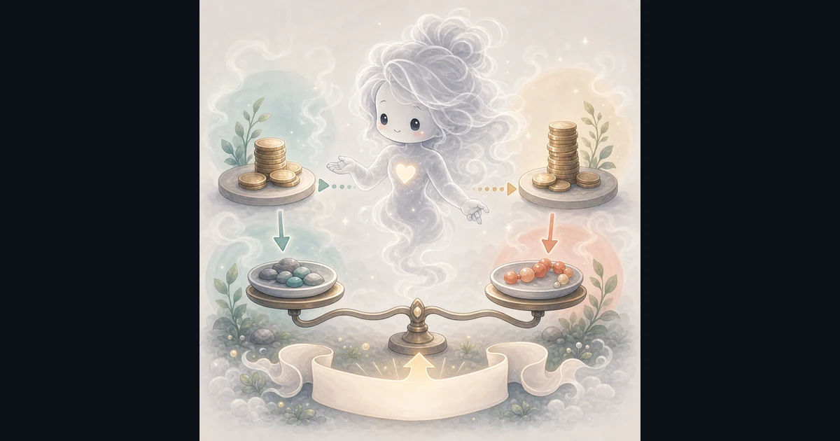 ROI Calculator guide artwork supports the walkthrough by showing cost versus return as a balance, with separate visual pieces for starting money, ending value, costs, gain, and limits. Smoke mascot standing between balance scales with coin stacks, arrows, pebbles, red beads, plants, and a blank banner for comparing cost against return.