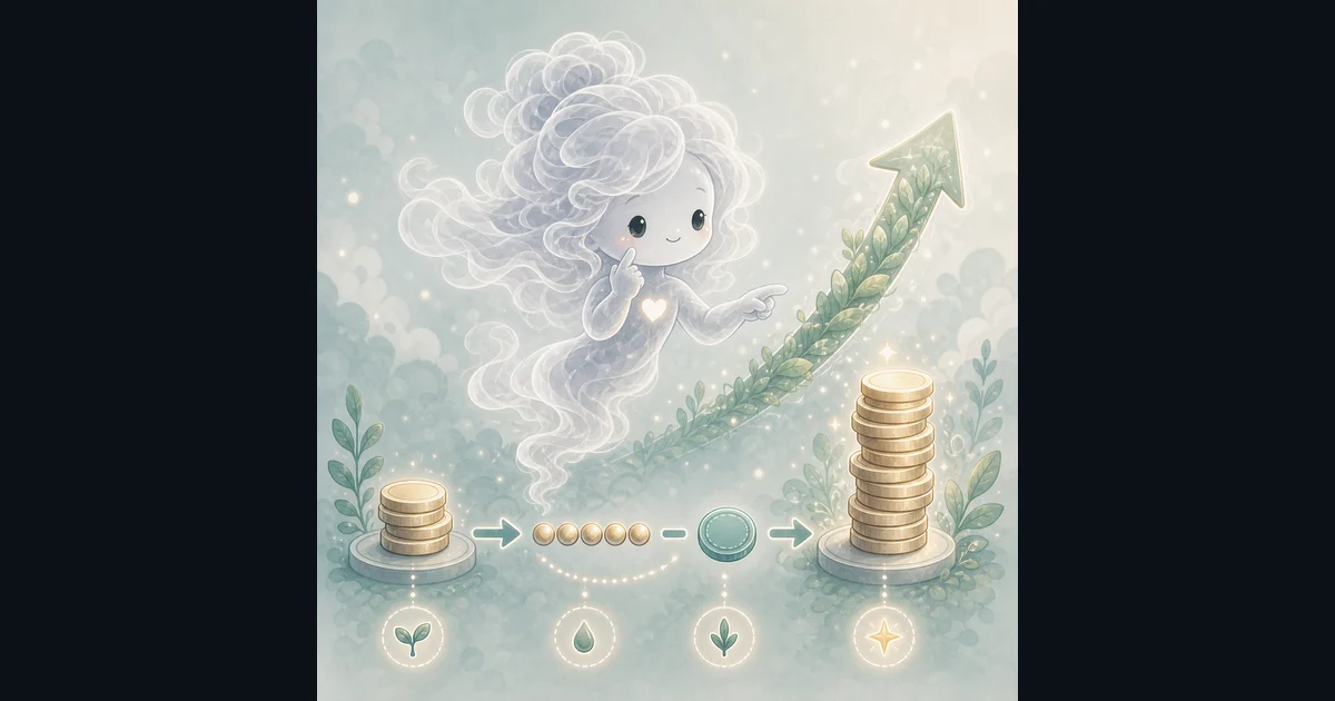 ROI Calculator artwork matches the live workflow: starting cost, ending value, income, costs, dollar gain or loss, and simple ROI percent. Smoke mascot pointing at a rising leafy arrow between a small starting coin stack, income-and-cost dots, a minus coin, and a taller ending coin stack for a simple ROI check.