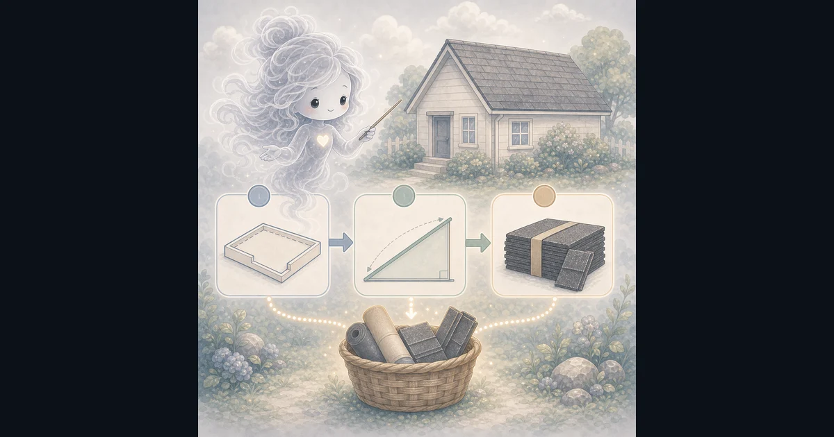 The guide image matches the walkthrough: start with footprint, add pitch and waste, then read roof squares and bundles as a rough estimate. Roofing Calculator guide art showing a roof footprint, pitch note, waste percent, and shingle bundle estimate.