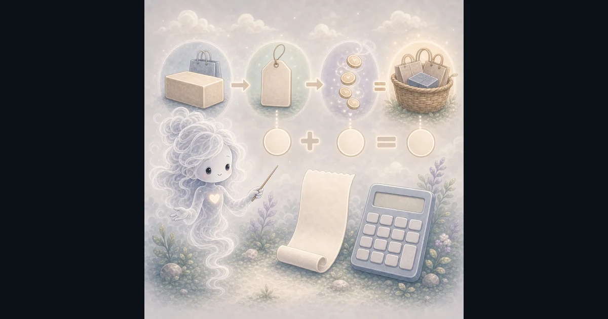 The guide artwork matches the page's job: starting with a before-tax price, adding the sales tax amount, and checking the final checkout total. Smoke mascot pointing at a shopping box, price tag, coin stack, receipt, and calculator for the Sales Tax Calculator guide.