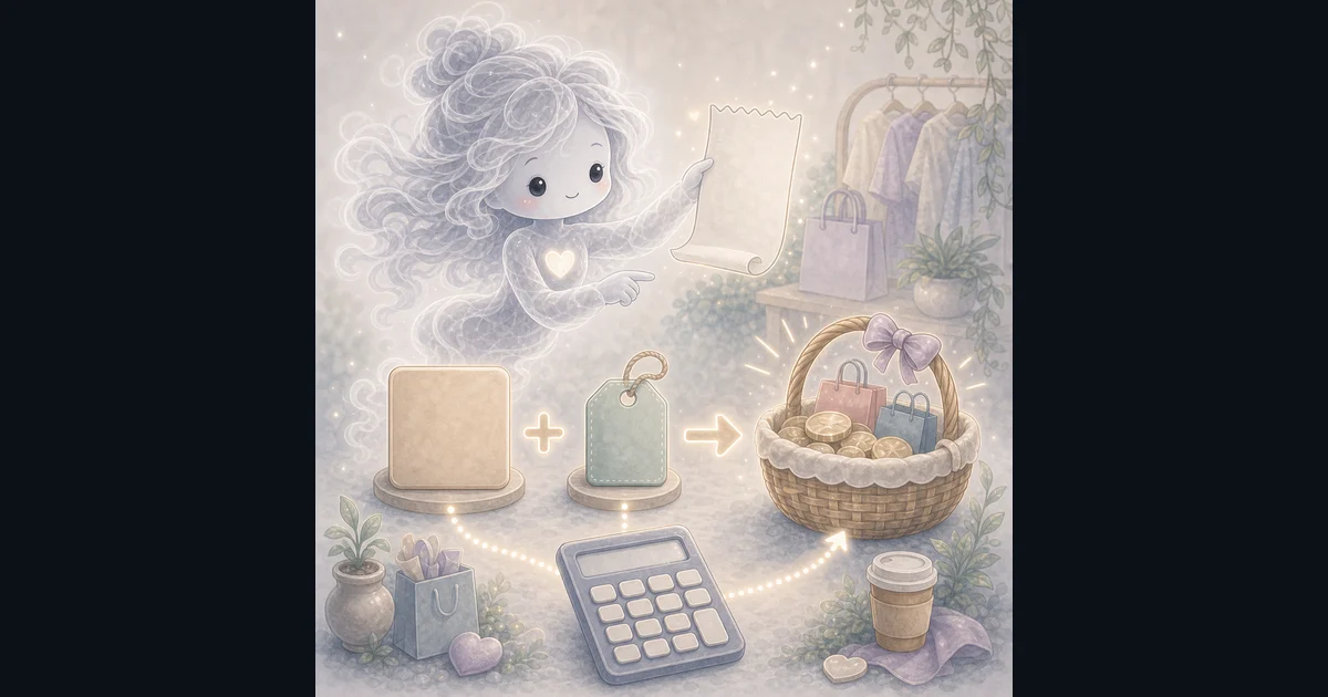 The tool artwork shows the checkout math: item price plus tax rate becomes the tax amount and final basket total. Smoke mascot holding a receipt beside a price block, tax tag, shopping basket, and calculator for the Sales Tax Calculator.