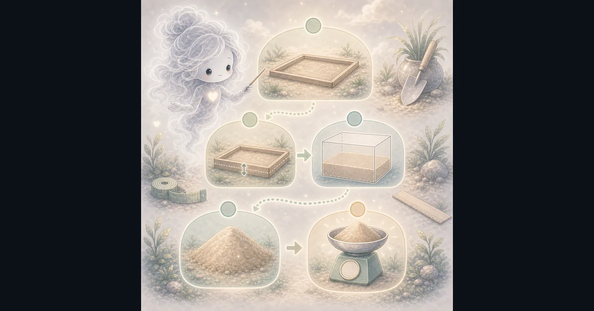 Sand Calculator guide artwork supports the walkthrough by showing how area, depth, cubic volume, density, and bag or ton checks connect. Smoke mascot guide showing sand-bed area, depth, rectangular volume, sand pile, and scale steps from measuring to weight.