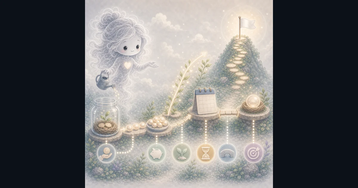 Savings Calculator guide artwork matches the walkthrough for current savings, monthly deposits, estimated interest, and target gap. Smoke mascot checking a savings goal worksheet with current balance, monthly deposit, rate, time, and target gap notes.