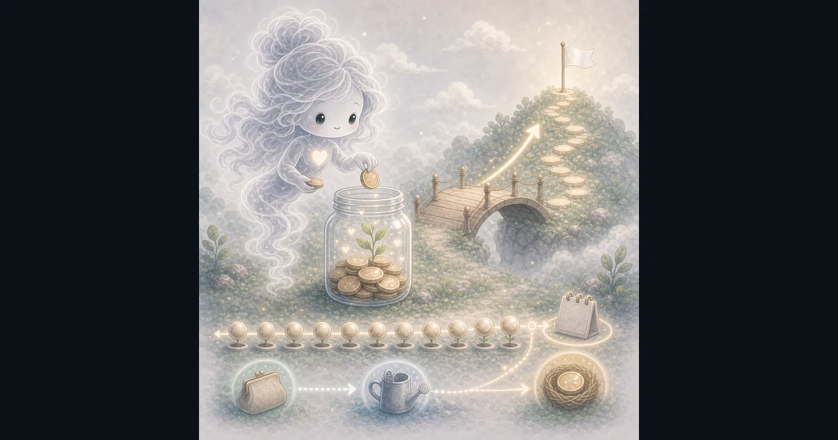 Savings Calculator artwork shows monthly deposits, estimated interest, projected balance, and the gap to a savings target. Smoke mascot beside a savings calculator screen with monthly deposit, annual rate, projected balance, interest, and target gap cards.