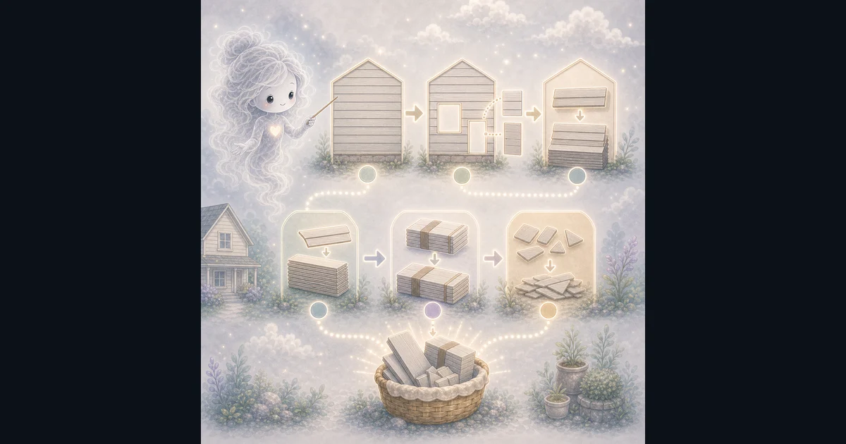 Siding Calculator guide artwork supports the walkthrough by showing how wall area, gables, openings, waste, squares, and boxes connect. Smoke mascot guide showing siding estimate steps from wall area to openings, siding panel stacks, box counts, and waste pieces.