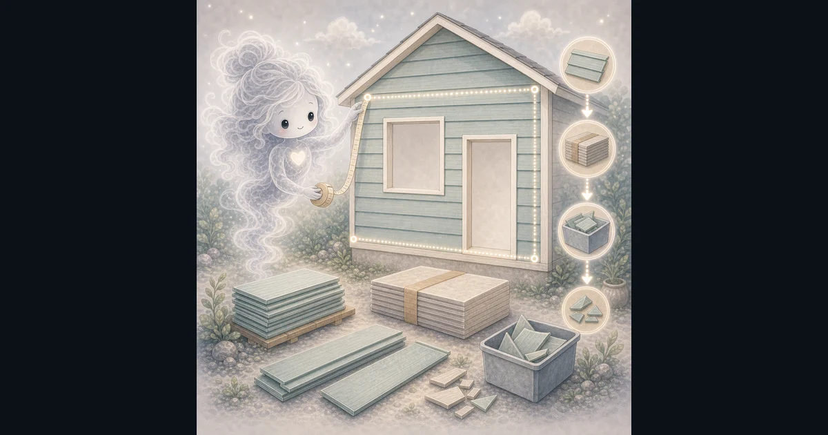 Smoke mascot measuring a house wall with window and door openings, siding panels, stacked siding squares, box coverage icons, and waste offcuts.