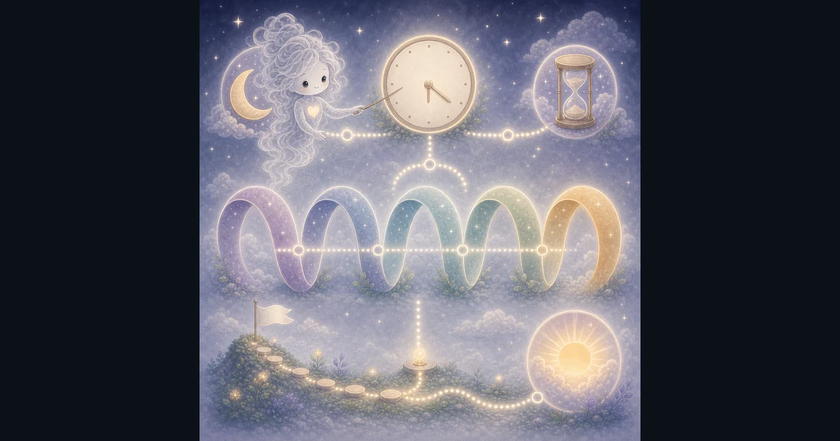 Sleep Calculator guide artwork shows the guide idea: a clock time, fall-asleep buffer, repeated sleep cycles, and a wake-up path toward sunrise. Smoke mascot pointing from a moonlit clock to five glowing sleep-cycle loops, an hourglass, and a sunrise path.