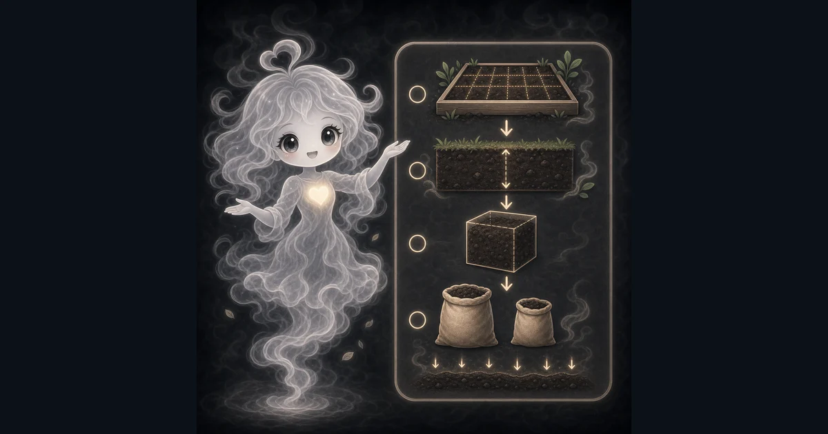 Soil Calculator guide artwork supports the walkthrough for inside bed measurements, fill depth, bulk yards, labelled bag sizes, settling, and soil-test limits. Smoke mascot guide showing raised bed area, 4 in topsoil depth, settling extra, 44 ft3, 1.63 yd3, 30 small bags, and 22 two-cubic-foot bags.