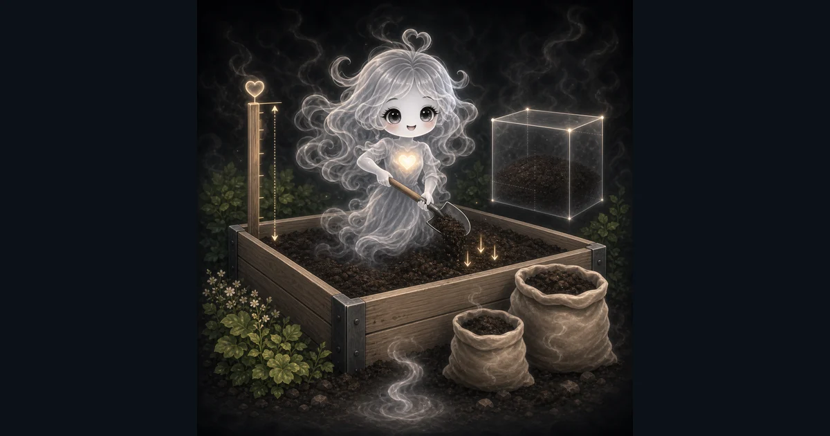 Smoke mascot filling a raised garden bed with 120 ft2 area, 4 in soil depth, 10 percent extra, 44 ft3, 1.63 yd3, and 22 two-cubic-foot bags.