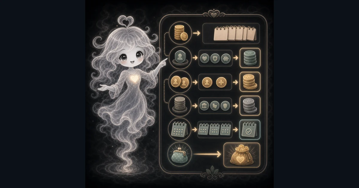Take-Home-Paycheck Calculator guide artwork supports the walkthrough by showing salary, pay periods, deductions, tax estimates, FICA, and take-home pay as separate steps. Smoke mascot pointing at a paycheck flow with salary coins, pay-period calendars, benefit shields, tax icons, payroll coins, and a final money bag.
