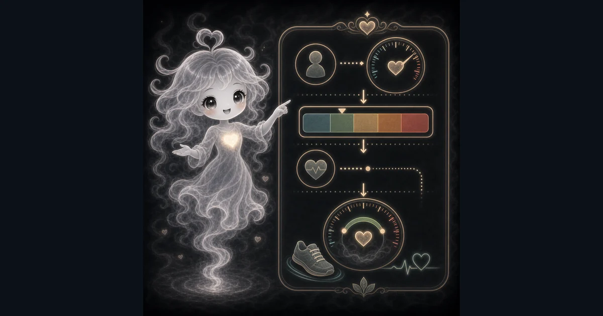 The target heart-rate guide explains age-based exercise ranges, the optional heart-rate-reserve comparison, and how a 30-second pulse count becomes BPM. Smoke-kawaii mascot explaining an age-based heart-rate gauge, effort-zone bar, pulse count, and beats-per-minute result.