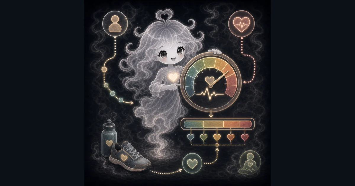 Target Heart Rate Calculator artwork matches the two live modes: compare age-based moderate and vigorous ranges or turn a timed manual pulse count into BPM. Smoke-kawaii mascot beside a heart-rate gauge, moderate and vigorous zone bar, pulse line, running shoe, and water bottle.