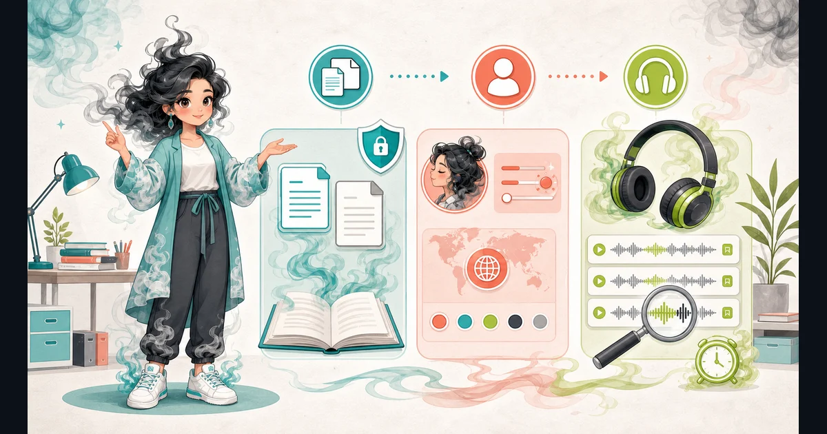 Full-body smoke-kawaii mascot checking a text-to-MP3 workflow with voice settings, a pronunciation waveform, headphones, and a download symbol.