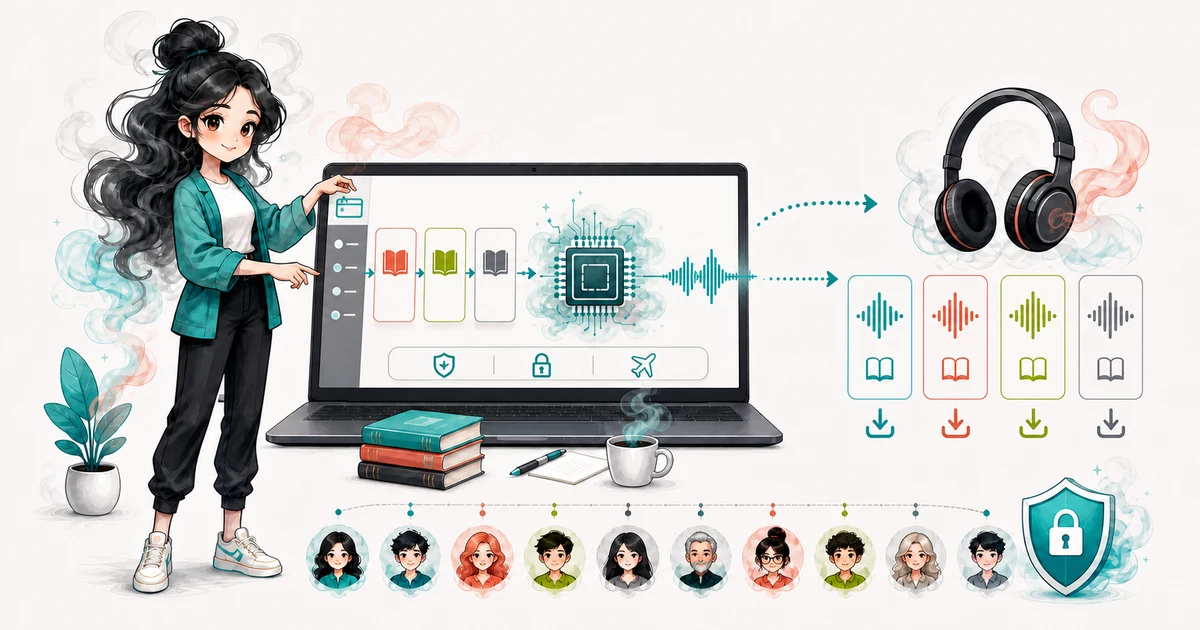 Full-body smoke-kawaii mascot turning text cards into downloadable audio beside a laptop, headphones, fixed voice choices, and a privacy shield.
