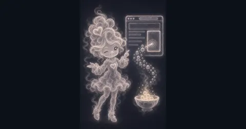 Smoke mascot pointing at a browser ad panel with glowing clicks turning into coins for an ad revenue estimate.
