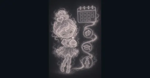 Smoke mascot holding a birthday cupcake beside a calendar, baby footprints, a graduation cap, and adult age markers.