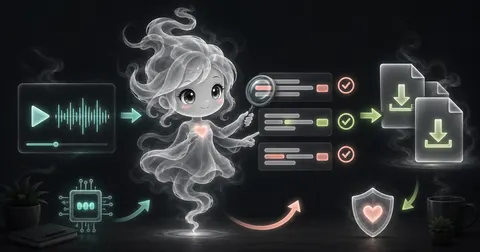 Full-body smoke-kawaii mascot checking names, numbers, and caption timestamps against a local recording before export.