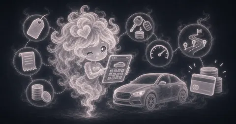 Smoke mascot beside a car, calculator, down payment tag, and loan chart for estimating an auto loan payment.