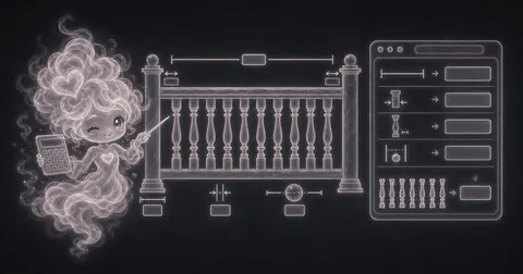Illustration for Baluster Calculator showing estimate railing baluster count and equal spacing from rail length, post width, baluster width, and max gap.