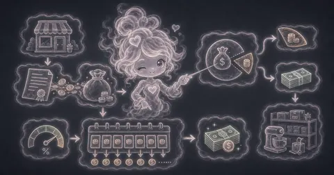 Smoke mascot beside a calculator, loan document, fee tag, cash stack, and business payment chart.