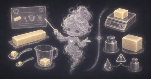 Guide image for Butter Converter showing convert butter between sticks, tablespoons, cups, ounces, grams with example inputs and result notes.