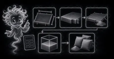 Guide image for Concrete Calculator showing estimate concrete volume for a slab in cubic feet, cubic yards, and bags with example inputs and result notes.