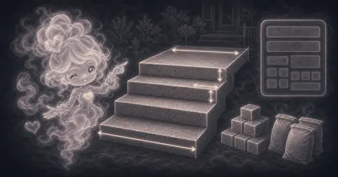 Illustration for Concrete Steps Calculator showing estimate concrete volume and bag counts for solid stair steps.