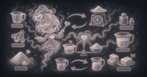 Illustration for Cooking Measurement Converter showing convert recipe units, including approximate volume-to-weight conversions with ingredient density.