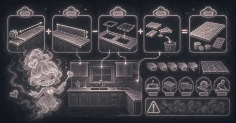 Guide image for Countertop Calculator showing estimate countertop square footage, backsplash area, waste, and optional with example inputs and result notes.