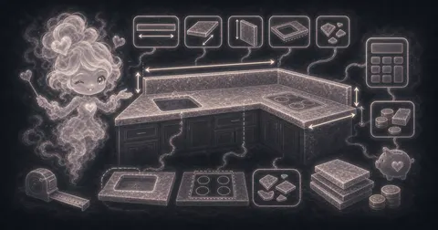 Illustration for Countertop Calculator showing estimate countertop square footage, backsplash area, waste, and optional material cost.