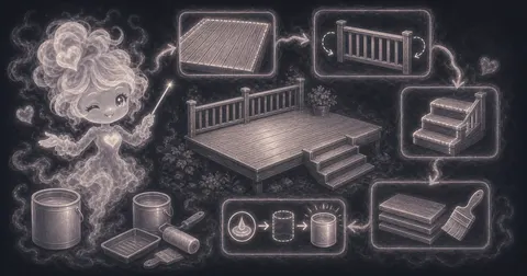 Guide image for Deck Stain Calculator showing estimate deck stain gallons from deck size, railings, steps, coat count with example inputs and result notes.