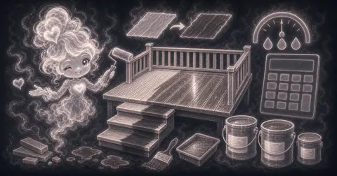 Illustration for Deck Stain Calculator showing estimate deck stain gallons from deck size, railings, steps, coat count, coverage, and waste.