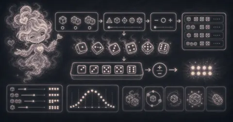 Guide image for Dice Roller showing roll one or more virtual dice with custom sides and a modifier with example inputs and result notes.