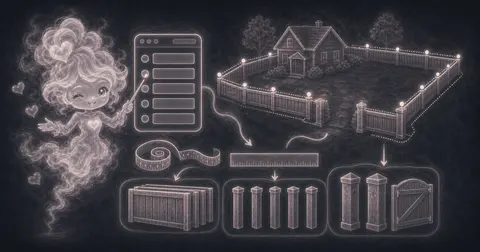 Illustration for Fence Calculator showing estimate fence panels and posts from perimeter, panel width, post spacing, and gates.