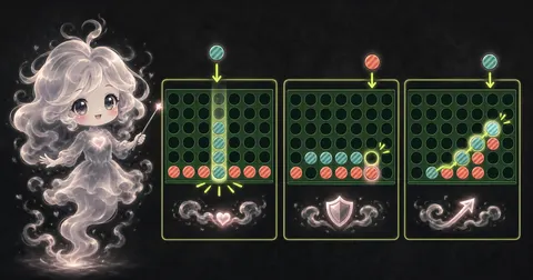 Smoke-kawaii mascot explaining Four in a Row strategy with center-column, blocking, and supported diagonal examples.