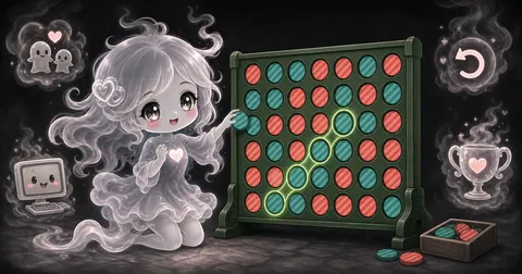 Smoke-kawaii mascot playing a 7-column Four in a Row board with teal and coral patterned pieces and a highlighted diagonal win.