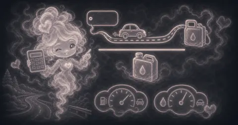 Smoke mascot beside an odometer, fuel pump, 350 miles, 12.5 gallons, and MPG result cards.
