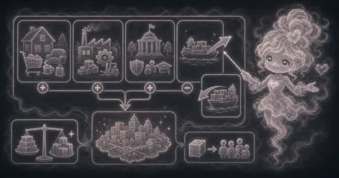 Smoke mascot pointing to GDP spending blocks for consumption, investment, government spending, exports minus imports, and GDP per person.