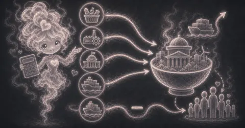 Smoke mascot holding a calculator beside GDP inputs for consumption, investment, government spending, exports, imports, and population.