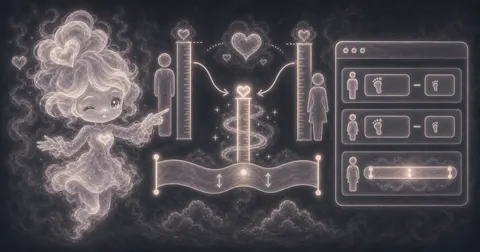 Smoke mascot beside parent height rulers, child icons, footprint inputs, and a glowing adult-height range bar.