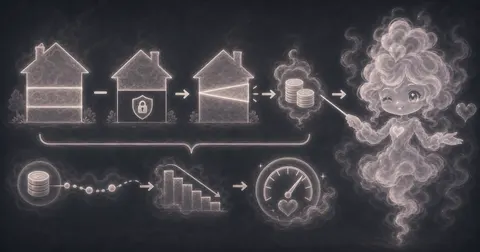 Smoke mascot pointing from home equity icons to coins, a falling balance chart, and a payment gauge.
