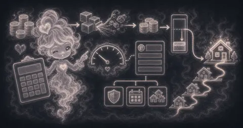 Smoke mascot beside a house affordability calculator screen with income, monthly debts, down payment, mortgage rate, and home price result cards.