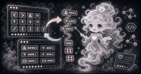 Illustration for HTML Entity Encoder / Decoder showing encode HTML-sensitive characters or decode common named and numeric HTML entities.