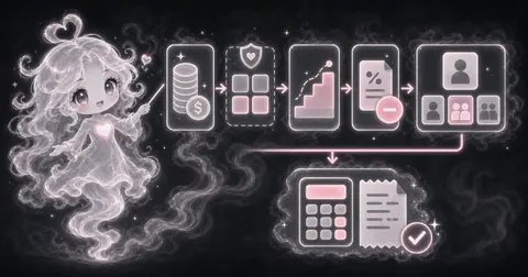Smoke mascot points from income coins through deduction blocks, bracket steps, a percent note, filing status cards, and a calculator result.