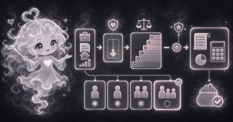 Smoke mascot beside income and home icons, a deduction arrow, tax bracket steps, filing status cards, and a calculator receipt.
