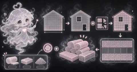 Smoke mascot measuring attic insulation beside R-value, square-foot coverage, and pack-count cards.