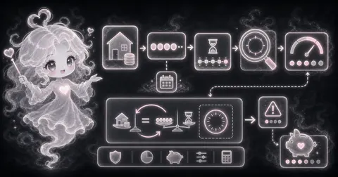 Smoke mascot with loan blocks, a payment timeline, a magnifying glass, and a rate gauge for checking a quoted payment.