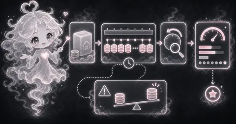 Smoke mascot beside principal blocks, monthly payment tokens, a term path, and a rate gauge.